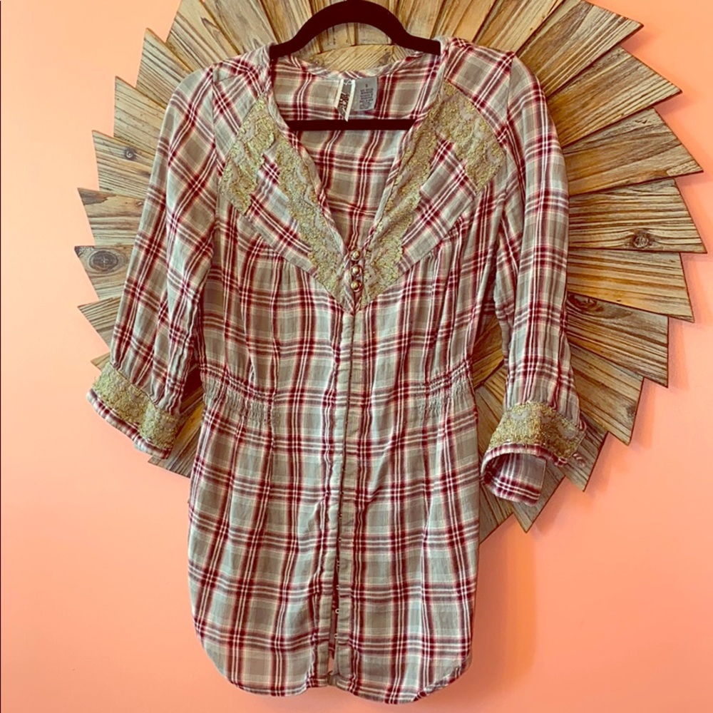 BKE Plaid Lace Blouse
